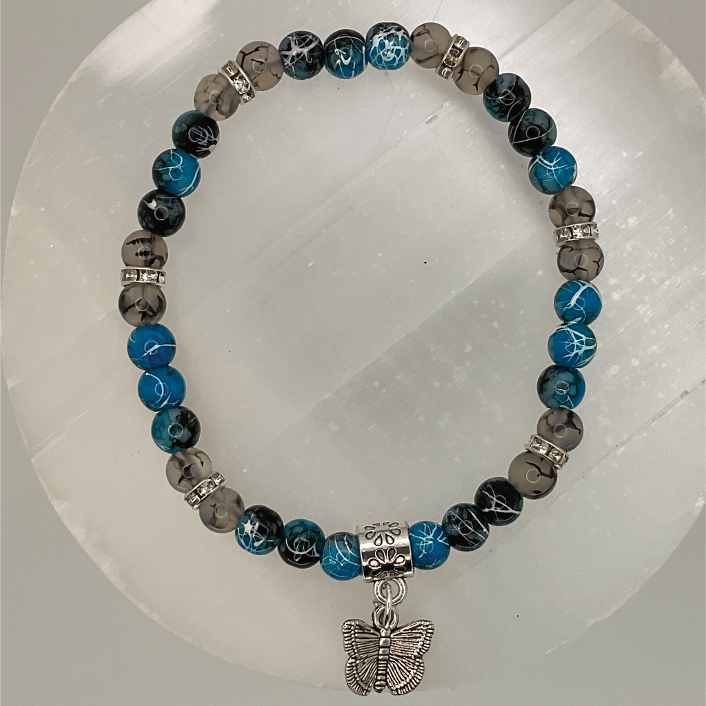 6" Blue Dragon Vein Agate Opalite Butterfly Charm Bracelet with Silver Crystal Spacers
