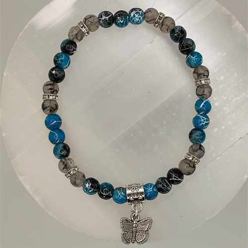 6" Blue Dragon Vein Agate Opalite Butterfly Charm Bracelet with Silver Crystal Spacers