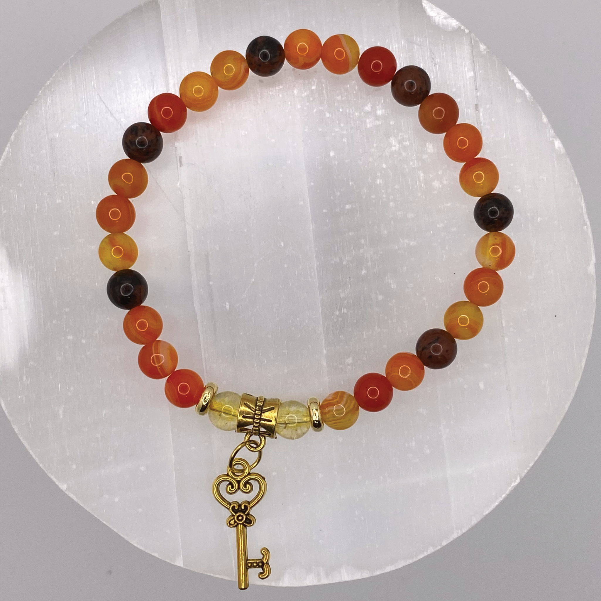 Amber Mahogany Obsidian Citrine Ornate Key Charm Bracelet