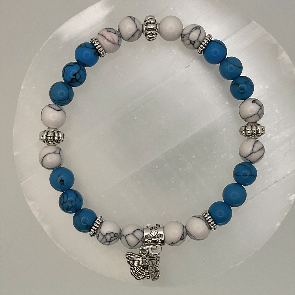 Blue Howlite Magnesite Butterfly Charm Bracelet with Silver Spacers