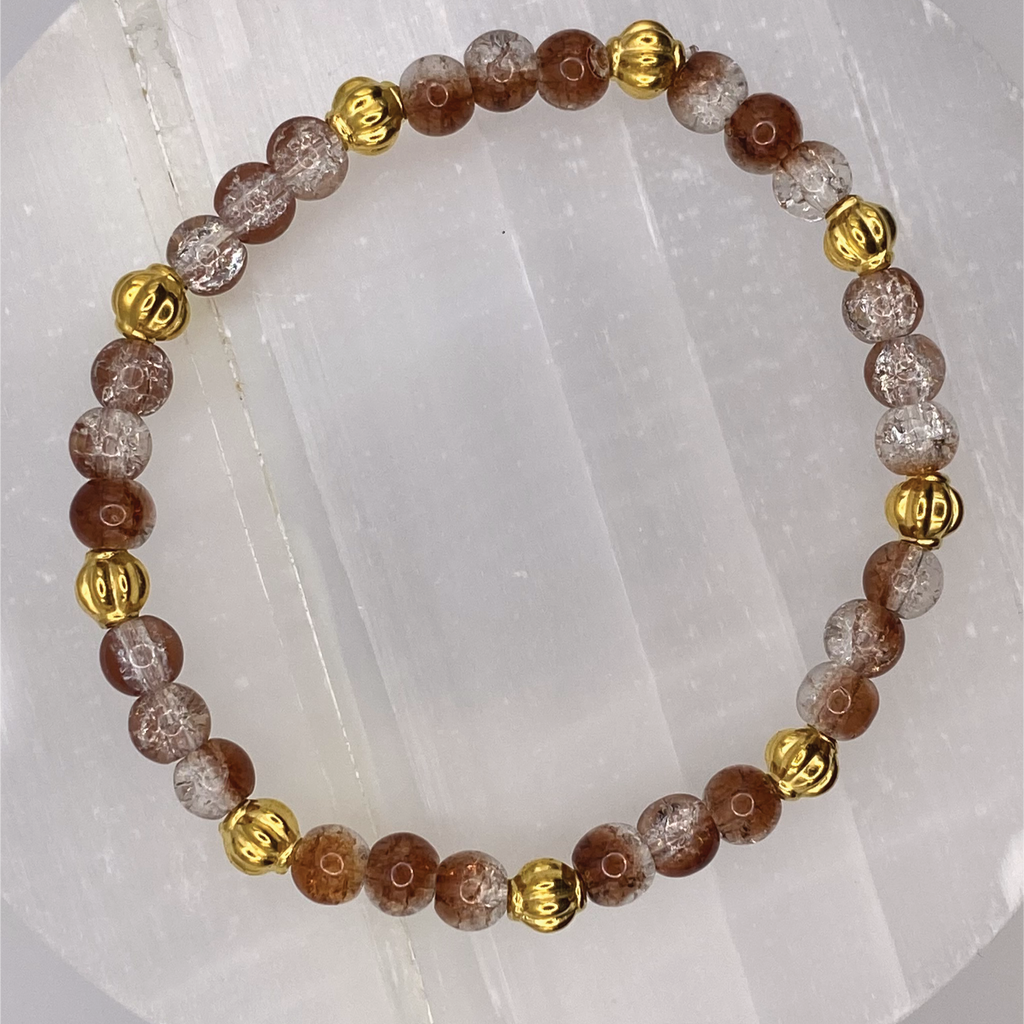 Crackle Brown Glass Bracelet with Gold Lobed Spacers