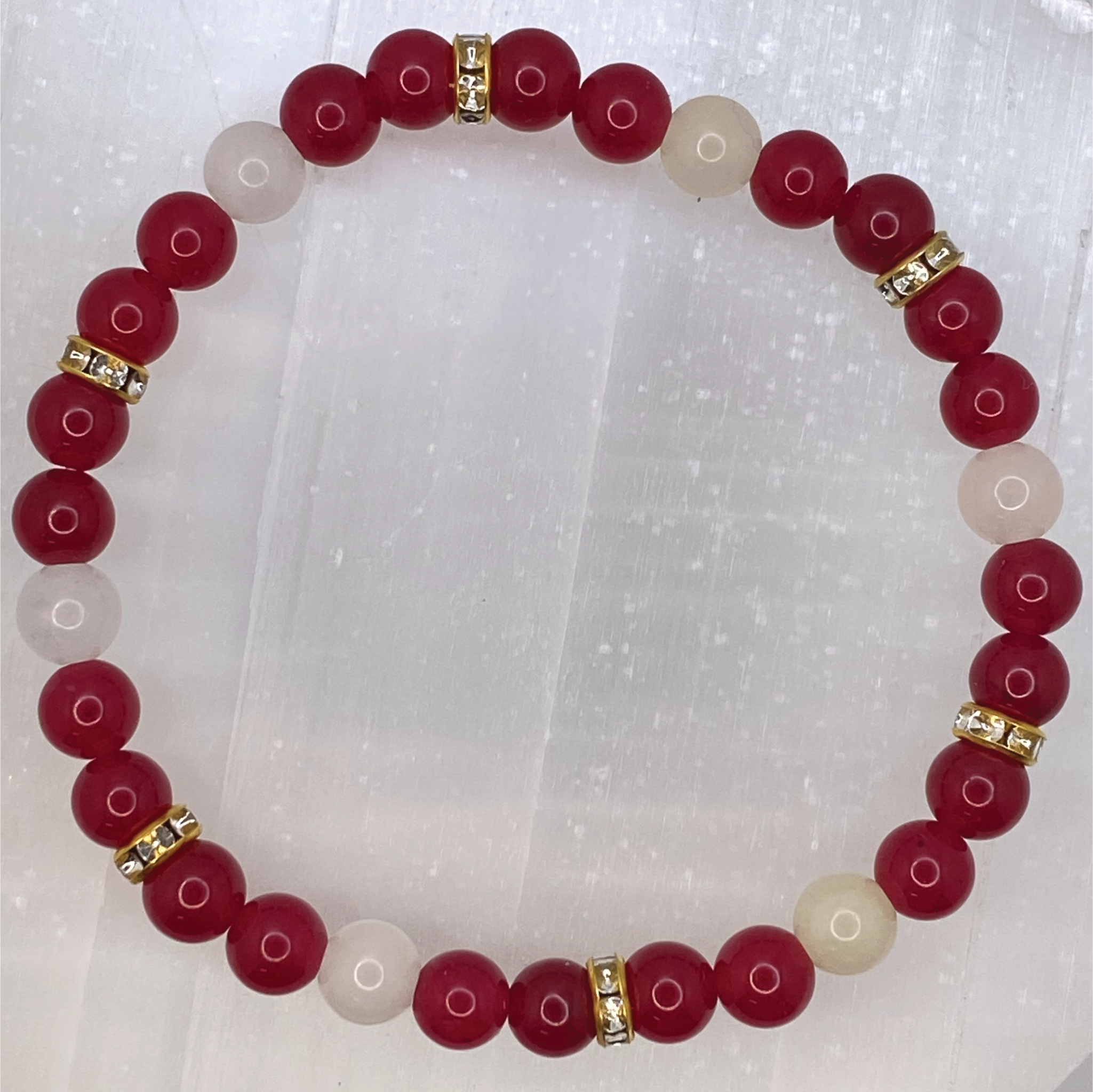 Red Dragon Vein Agate Milky Quartz Bracelet with Gold Crystal Spacers