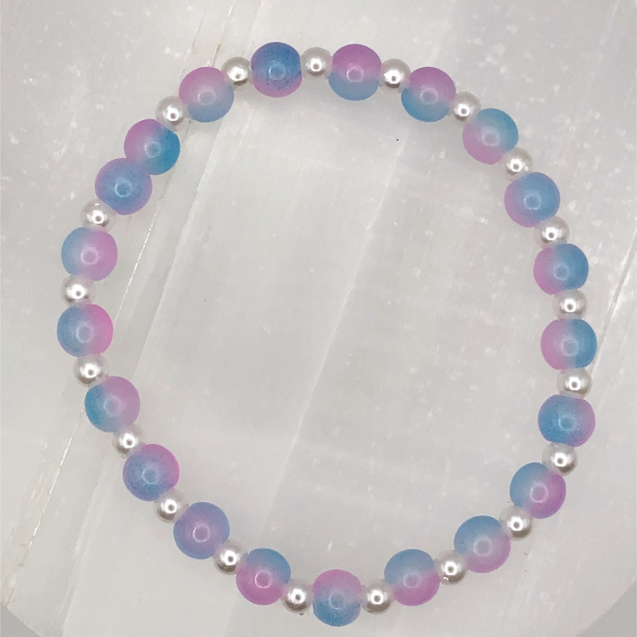 Pink Light Blue Glass Bracelet with Pearl Spacers