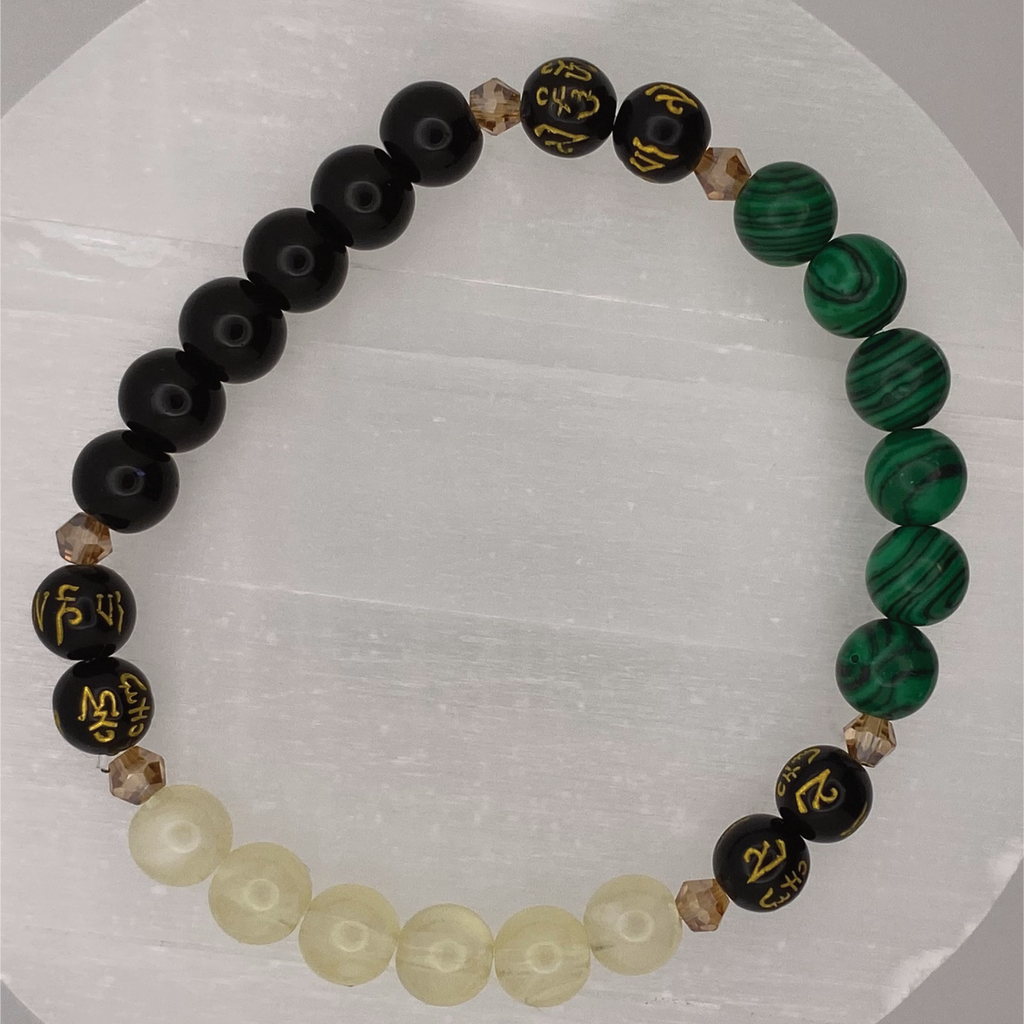Pulsera Pixiu de Prehnita, Ágata Negra, Malaquita y Citrino con Espaciadores de Cristal