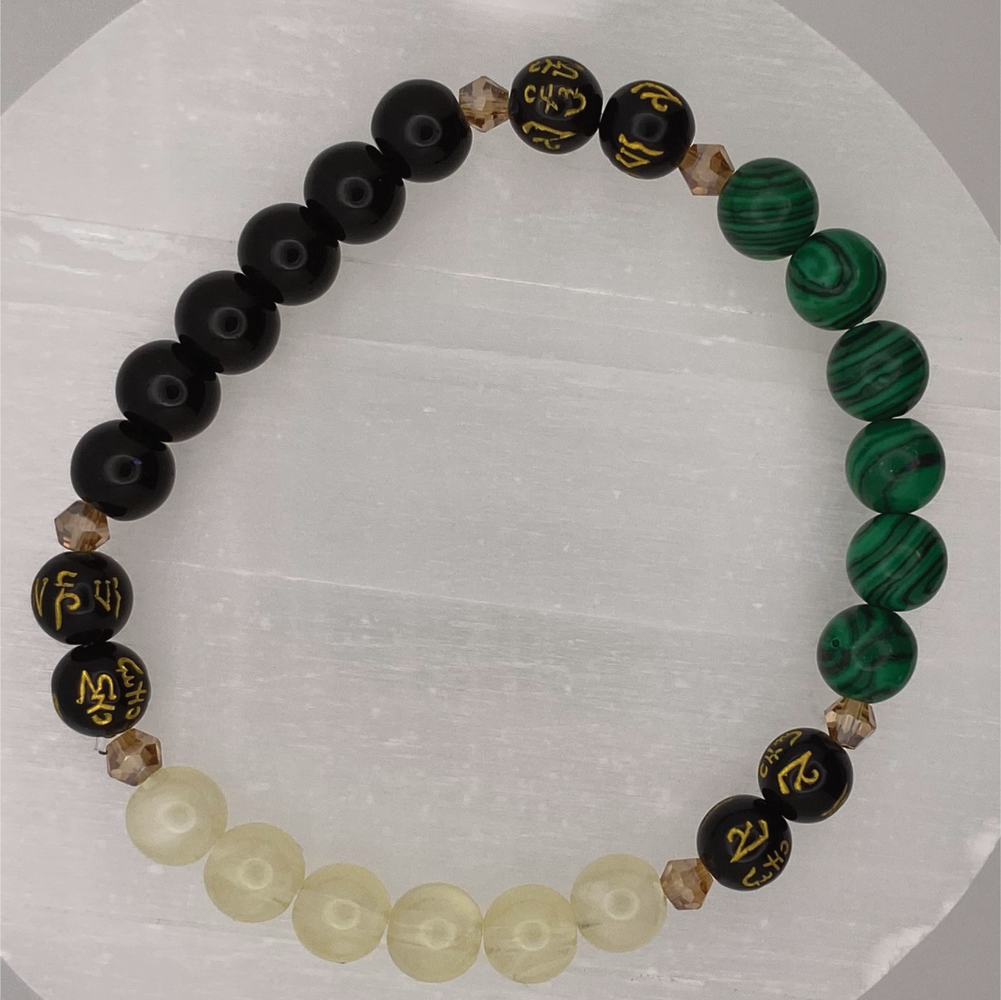 Pulsera Pixiu de Prehnita, Ágata Negra, Malaquita y Citrino con Espaciadores de Cristal