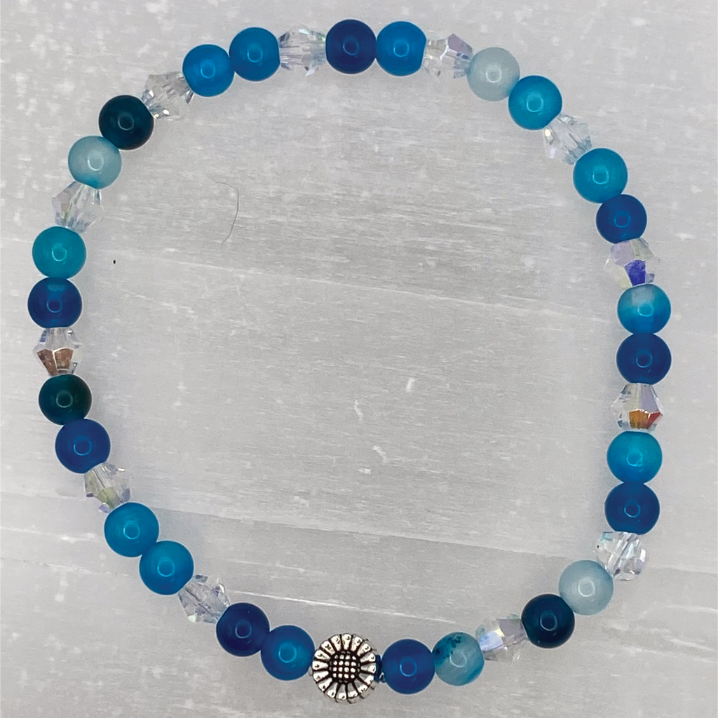 14.5 cm (5.7") Blue Dragon Vein Agate Silver Flower Bracelet with Crystal Spacers