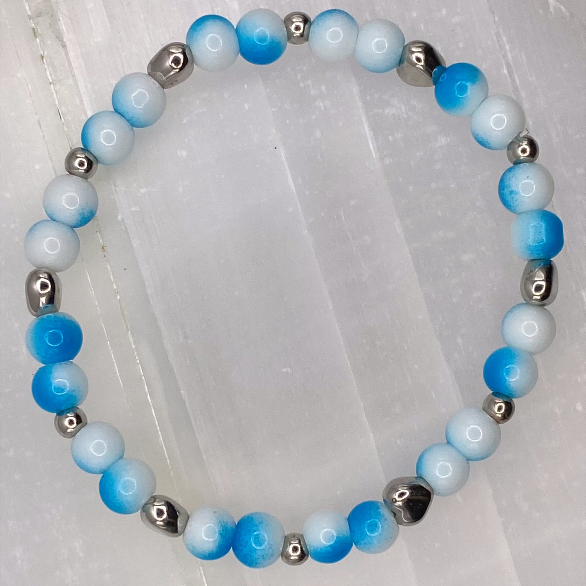 Blue White Glass Bracelet with Silver Heart Spacers