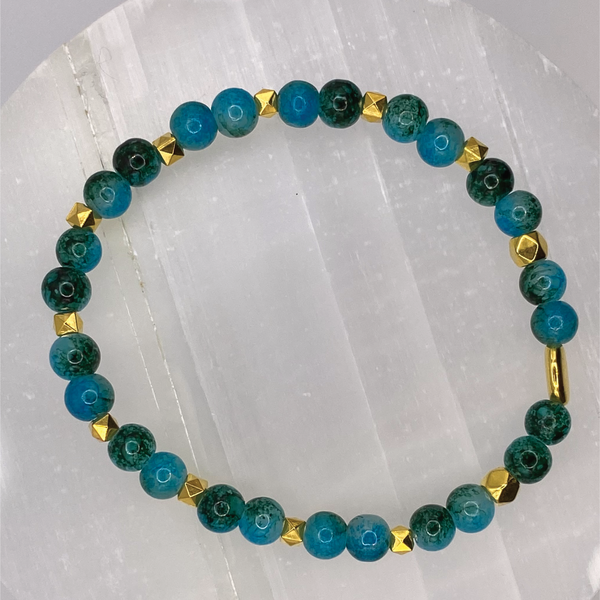Blue Green Glass Bracelet with Gold Disc Spacers