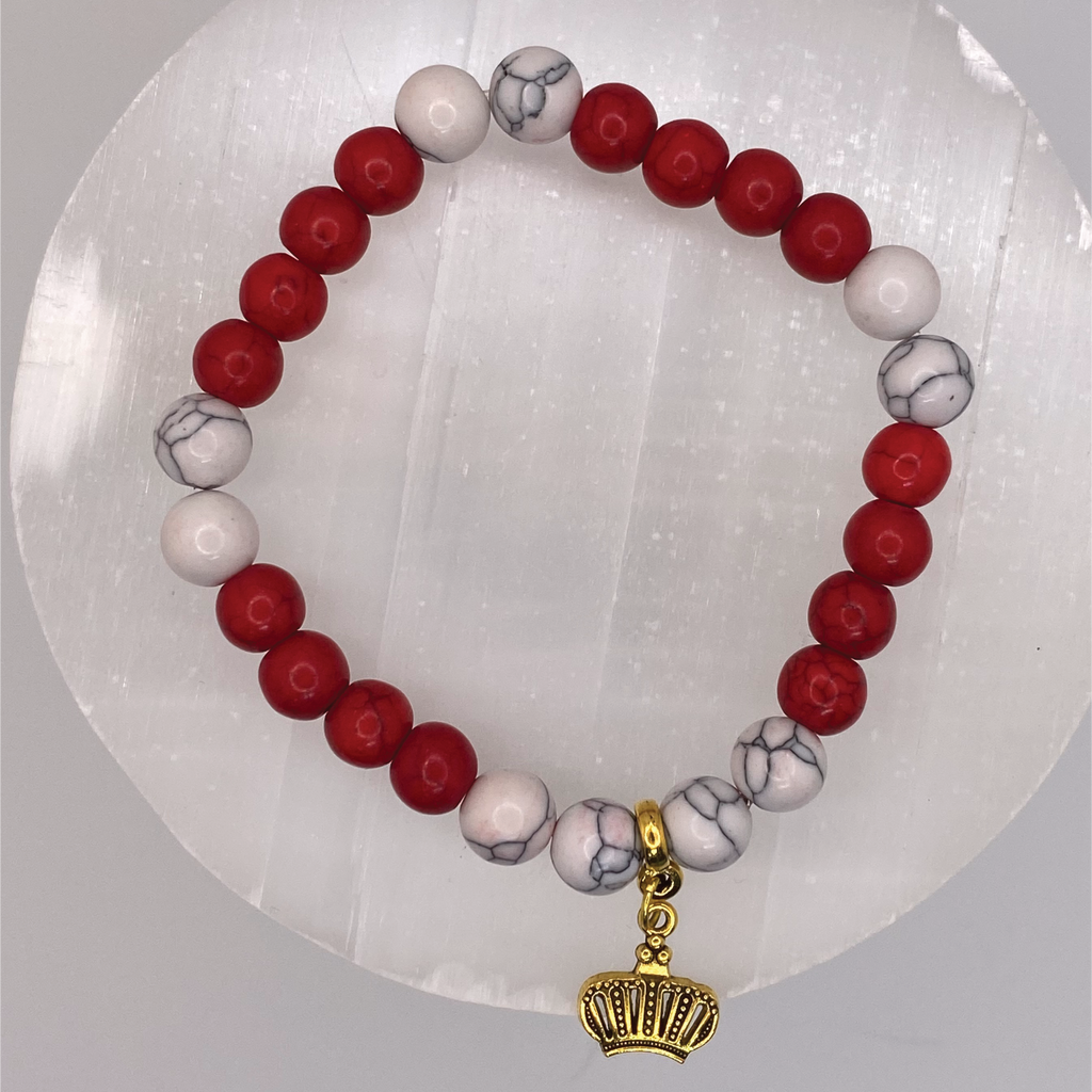 Red White Howlite Crown Charm Bracelet