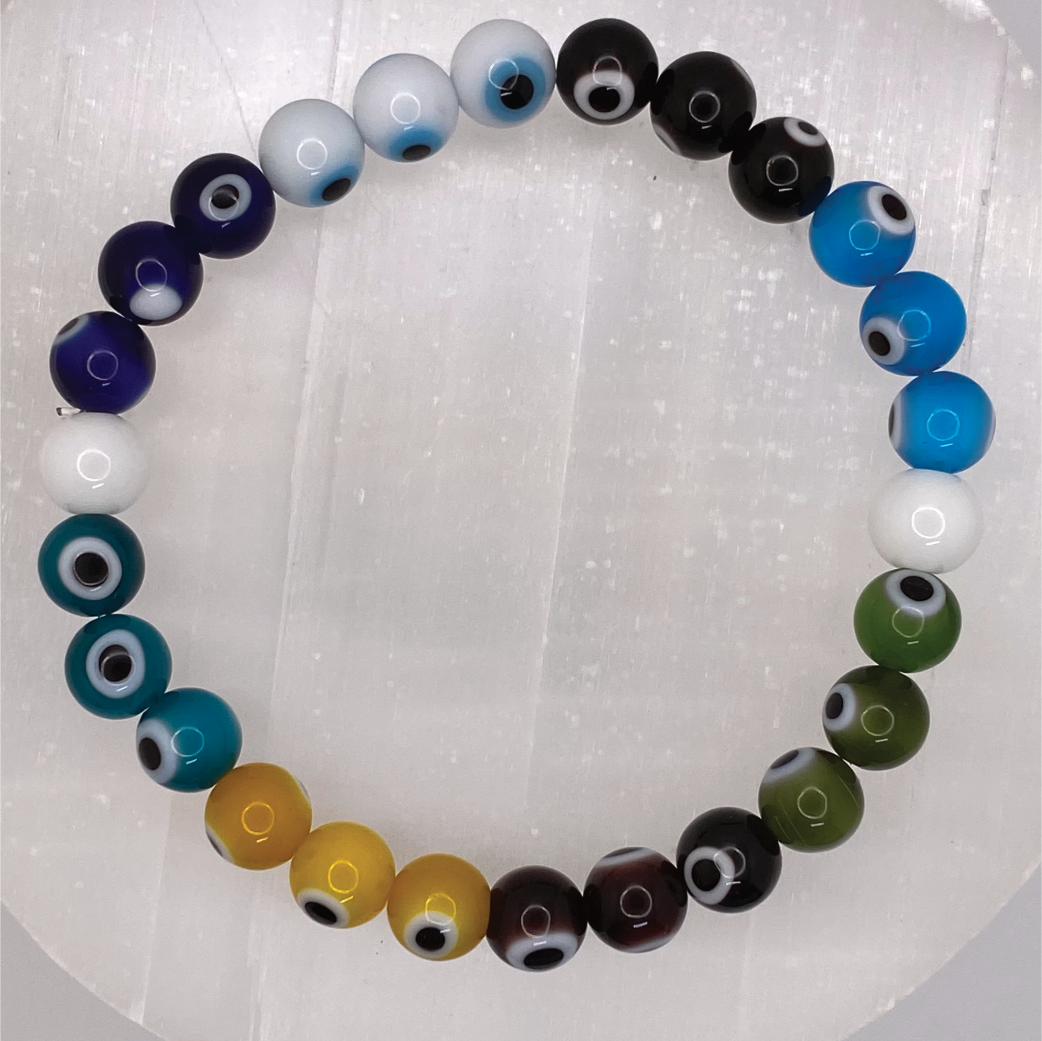 Blue Yellow Green Black Brown Teal Navy White Sea Glass Evil Eye Milky Quartz Bracelet