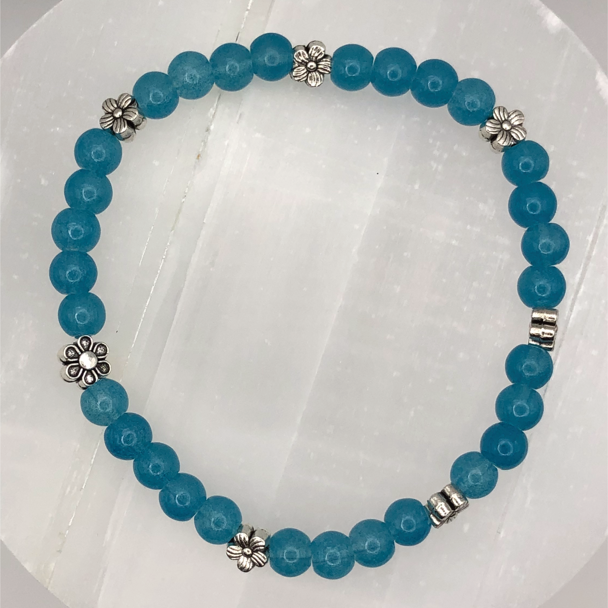 Teal Glass Bracelet with Silver Flower Spacers