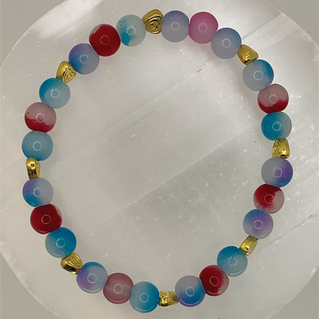 Pink Blue Dragon Vein Agate Bracelet with Gold Heart Spacers