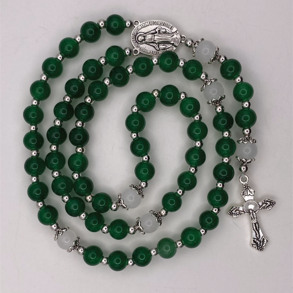 Green White Full 5 Decade Silver Rosary