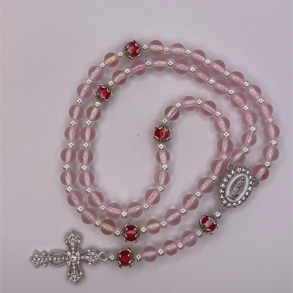 Clear Pink Red Small Full 5 Decade Silver Rosary