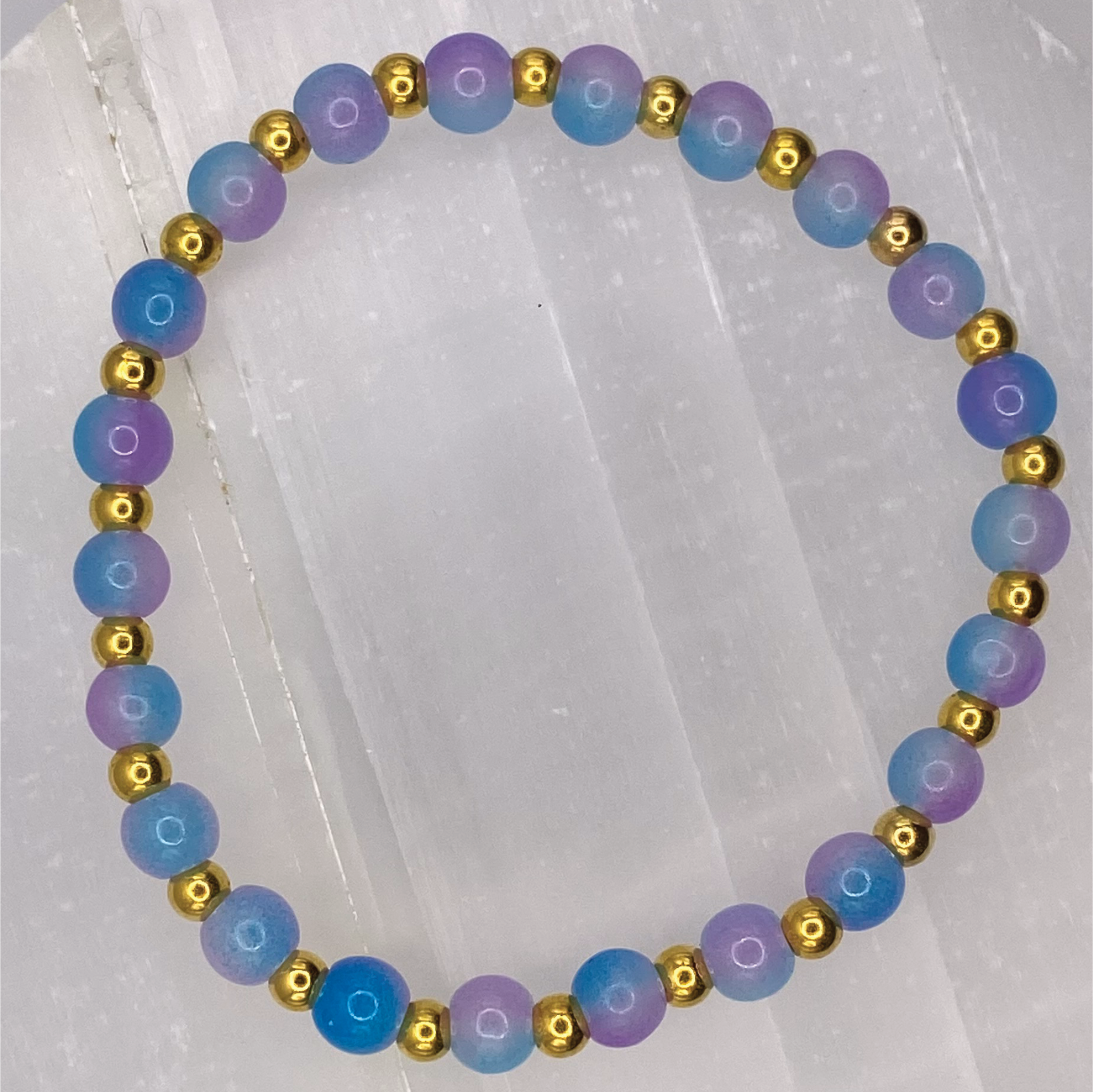 Blue Pink Glass Bracelet with Gold Spacers