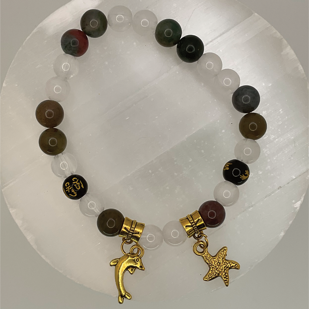 Oriental Agate Milky Quartz Black Pixiu Starfish Dolphin Charm Bracelet