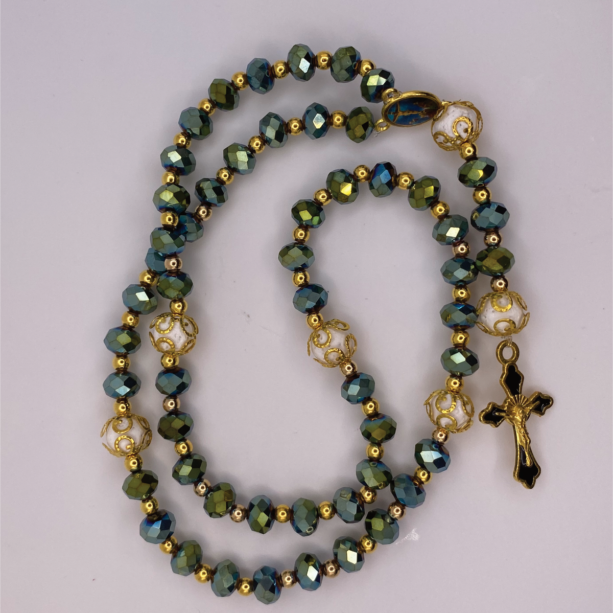 Green Faceted Full 5 Decade Gold Rosary