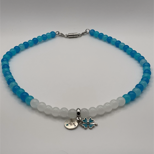 18" Multi-Blue Milky White Blue Heart Flower Charm Glass Necklace