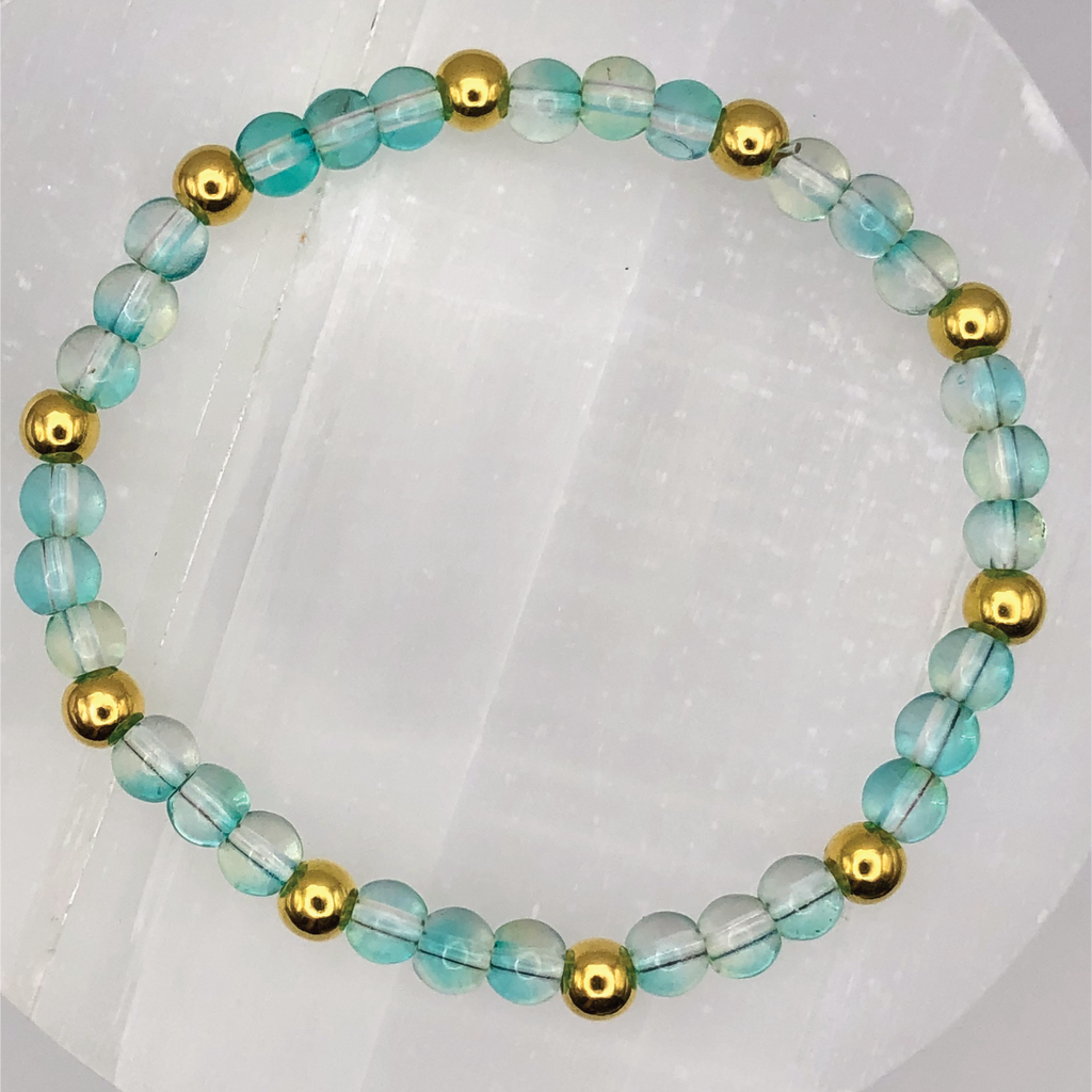 Teal Clear Glass Bracelet with Gold Spacers