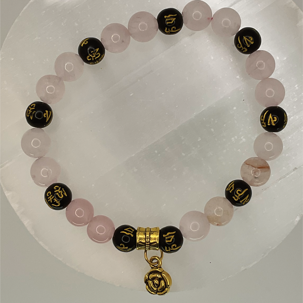 Rose Quartz Black Pixiu Blossom Charm Bracelet