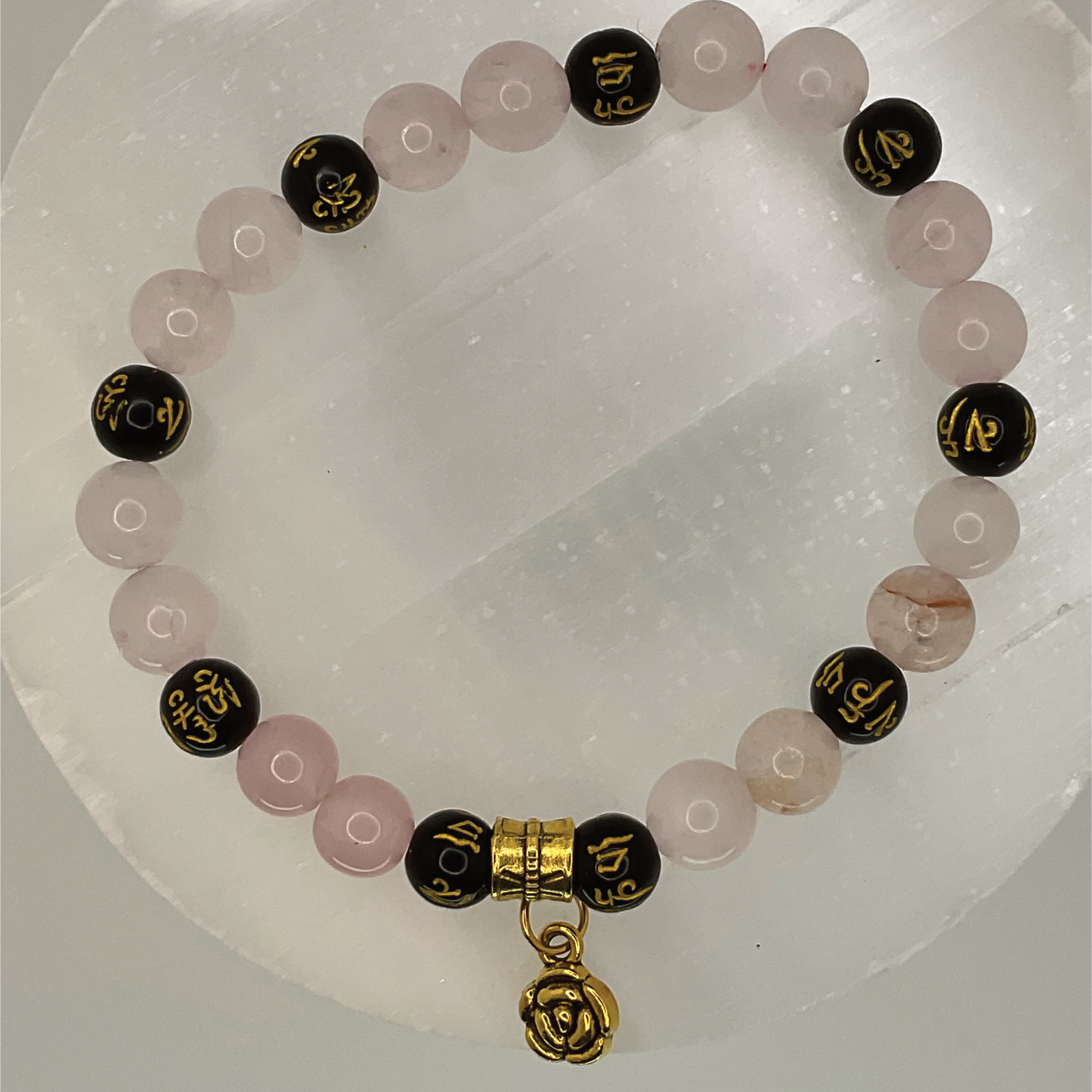 Rose Quartz Black Pixiu Blossom Charm Bracelet