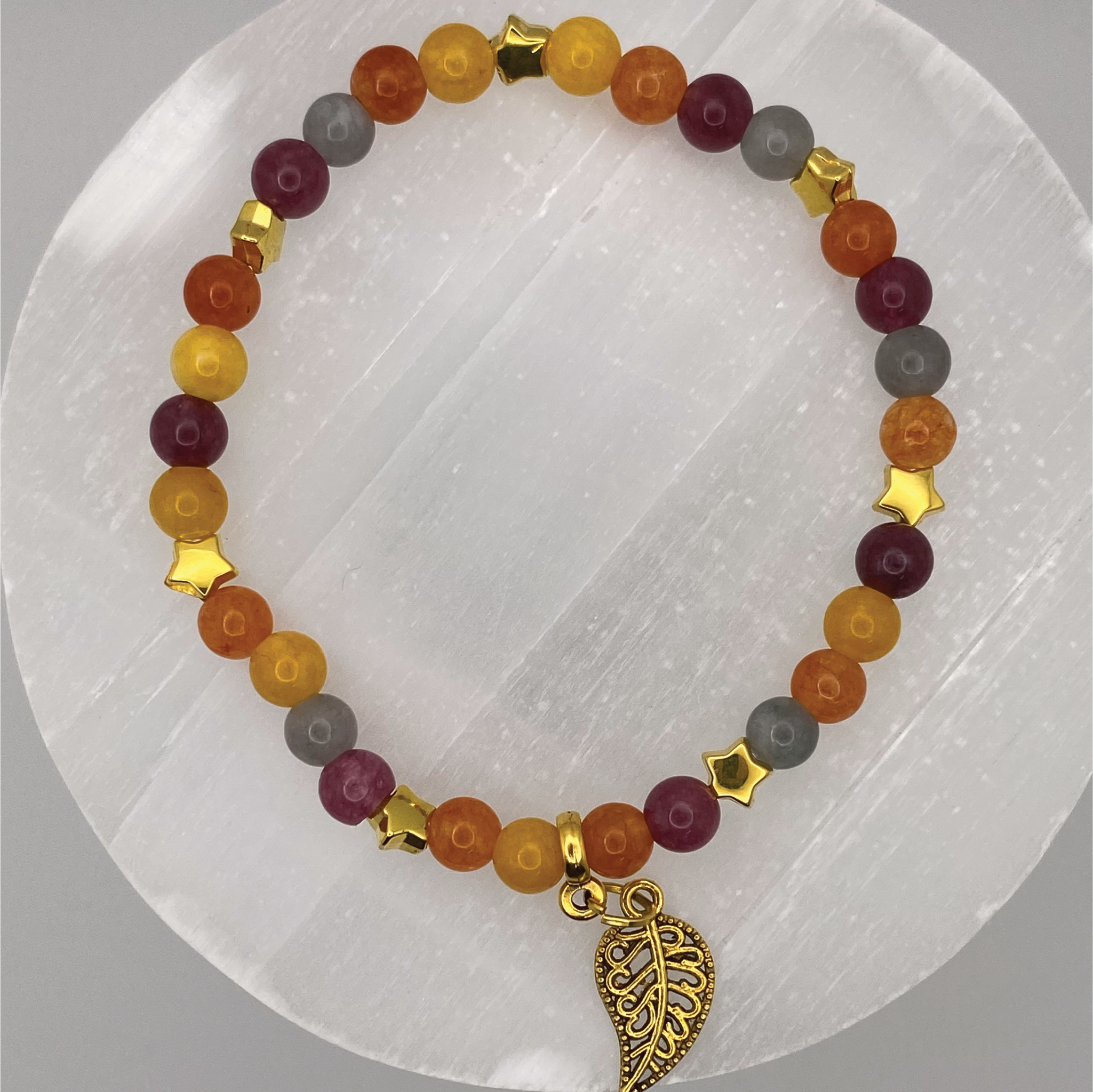 Pulsera de abalorios de hoja de ágata Vena de Dragón Naranja con espaciadores de estrella dorados