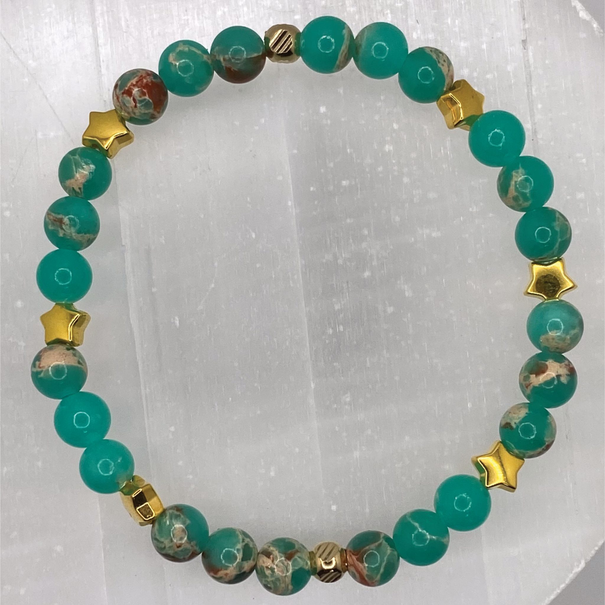 Green Chalcedony Bracelet with Gold Tone Star Spacers