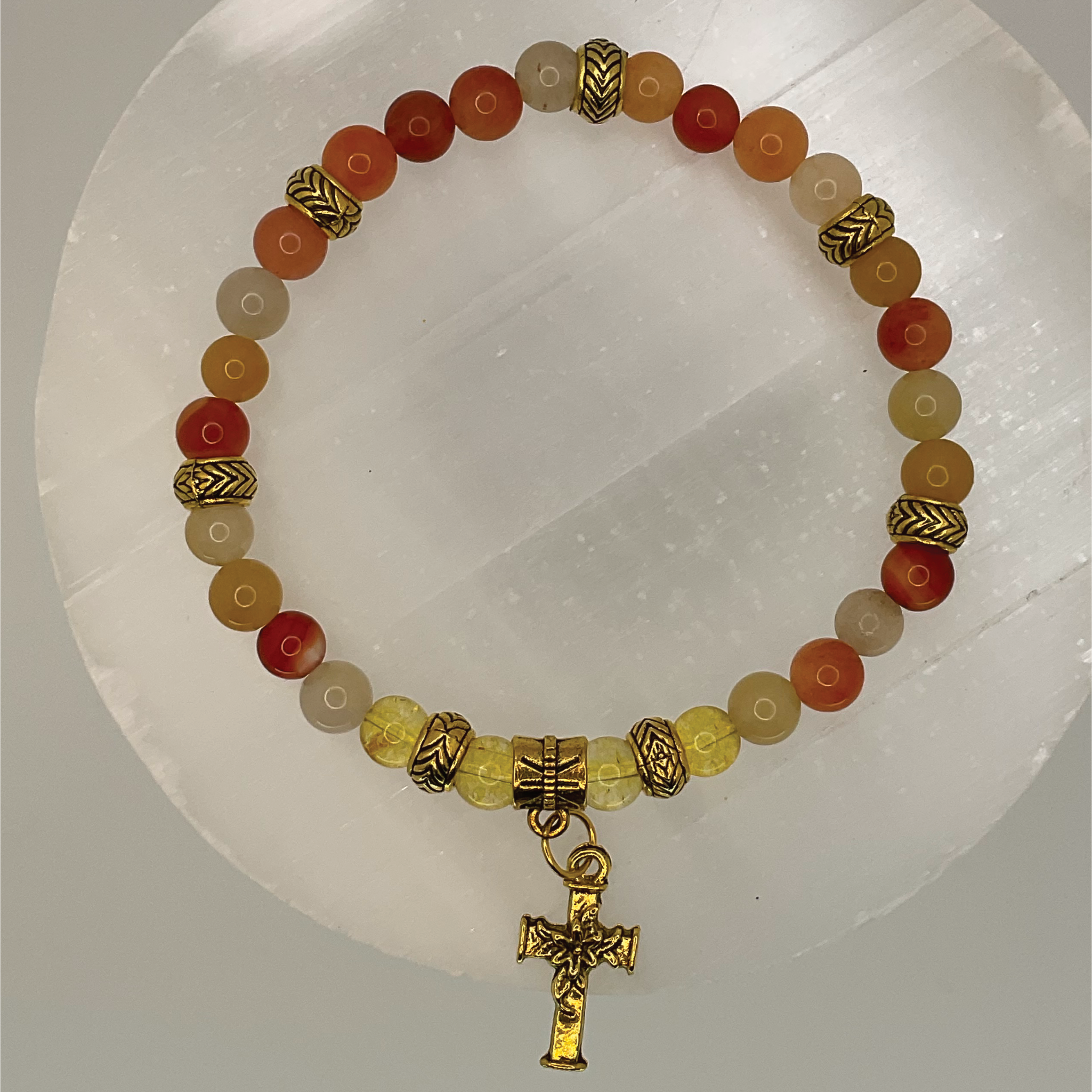 Oriental Agate Citrine Holy Cross Charm Bracelet with Gold Spacers