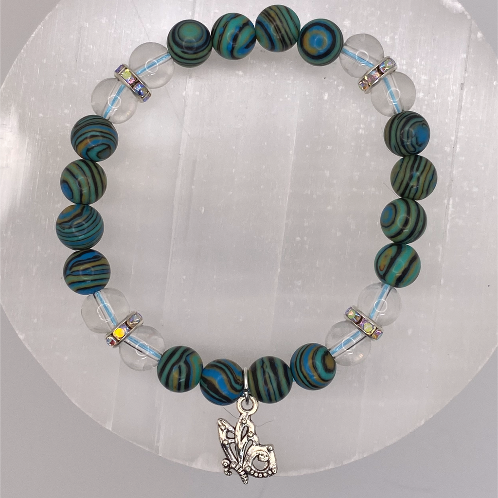 Rainbow Calsilica Clear Quartz Butterfly Charm Bracelet with Silver Multicolored Spacers
