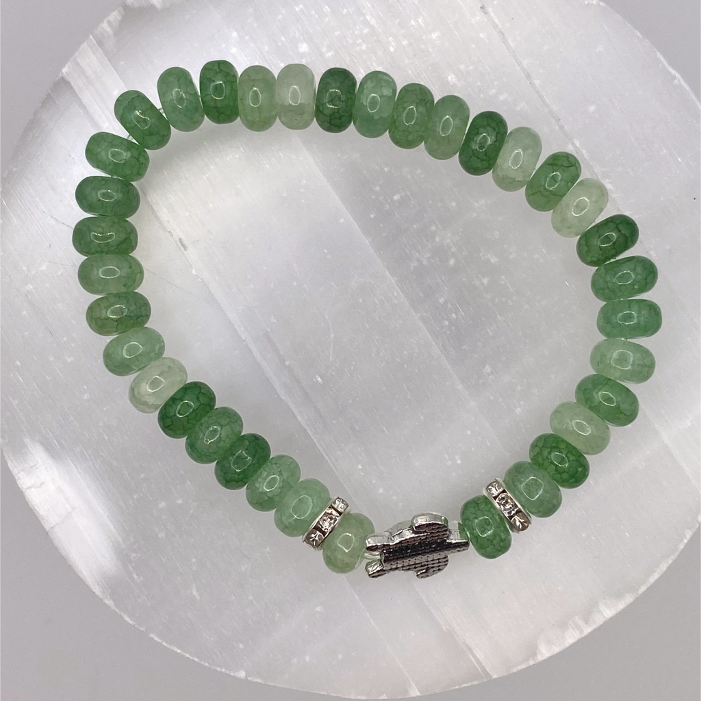 Jadeite Turtle Charm Bracelet with Silver Tone Crystal Spacers