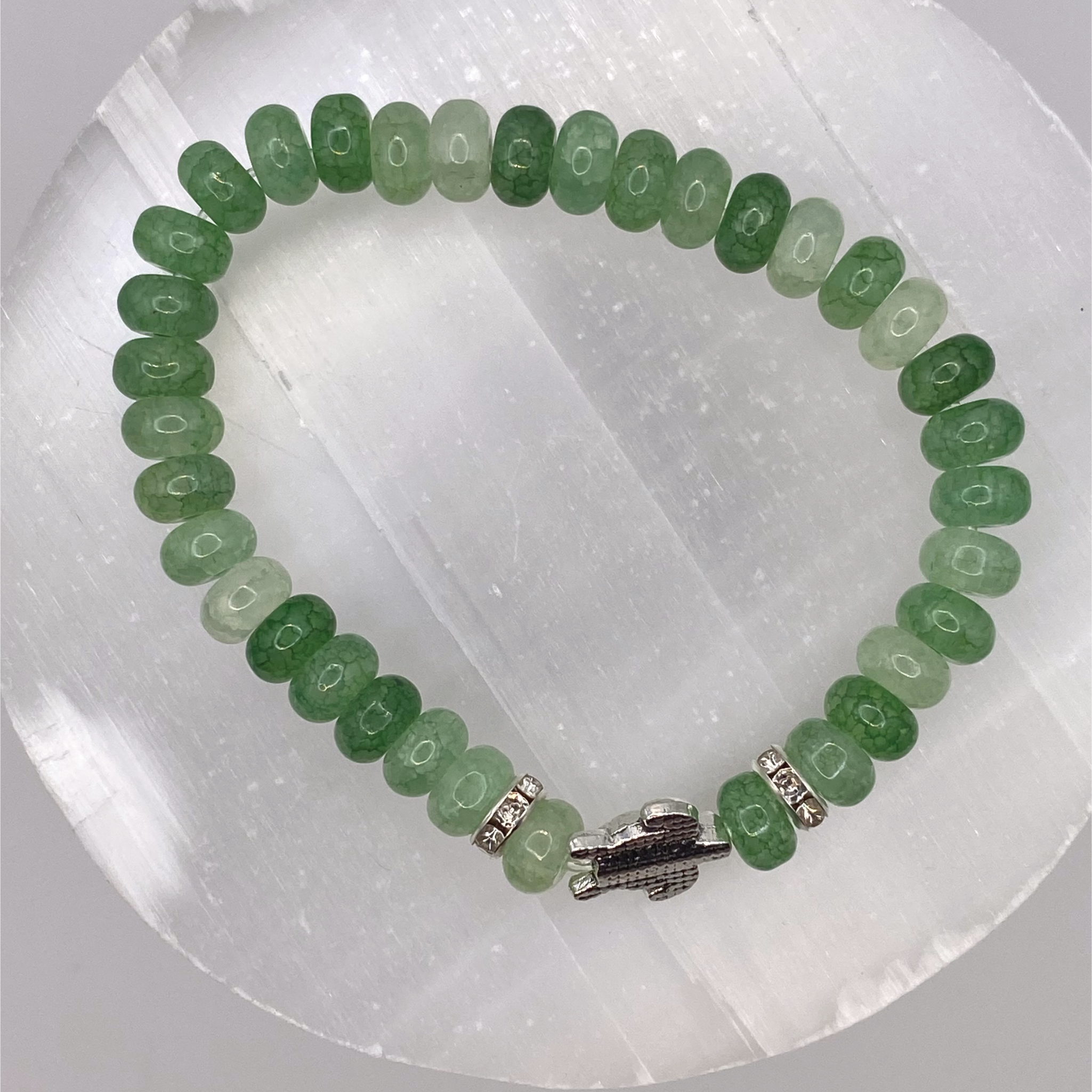 Jadeite Turtle Charm Bracelet with Silver Tone Crystal Spacers