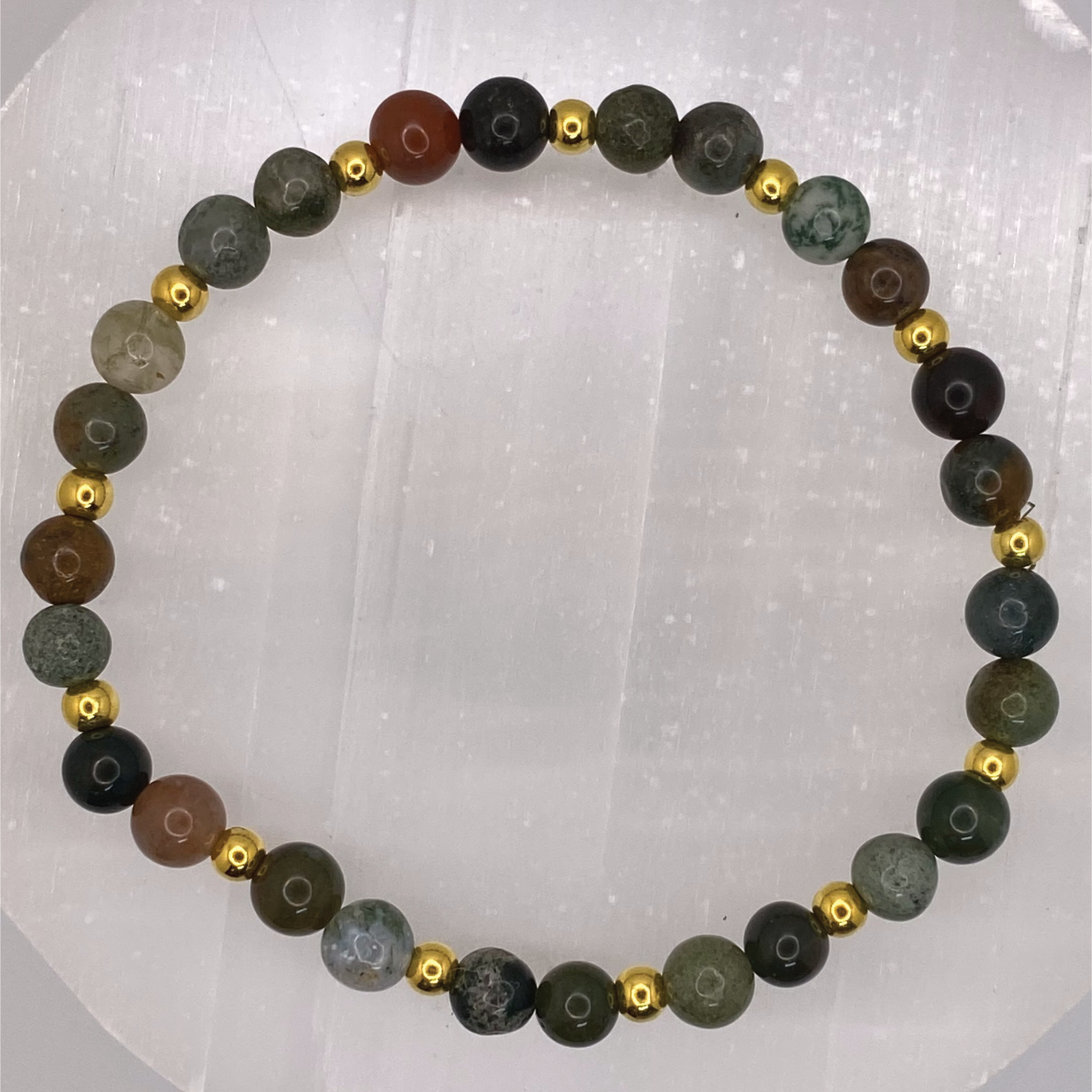 Moss Agate Bracelet with Gold Spacers