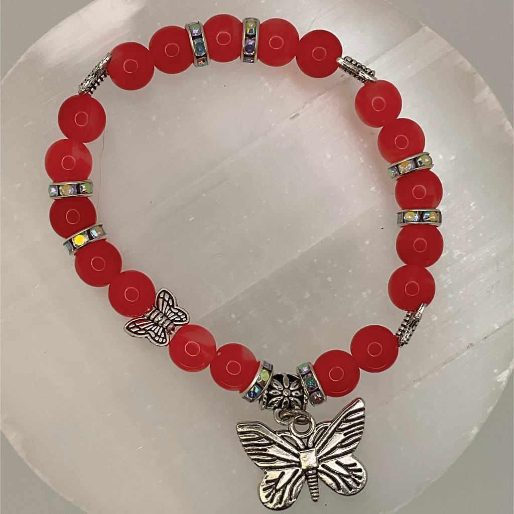Pink Dragon Vein Agate Butterfly Charm Bracelet with Multicolor Crystal Silver Spacers