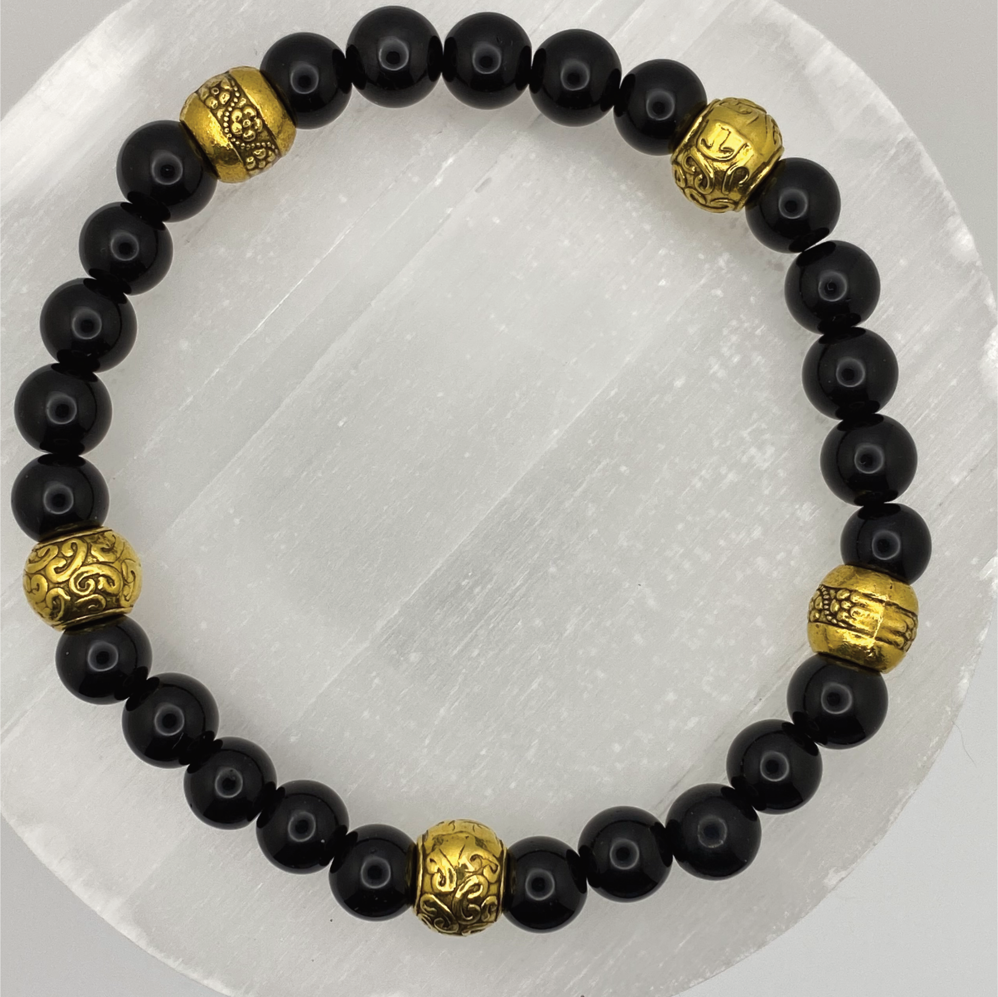 Black Agate Bracelet with Gold Spacers