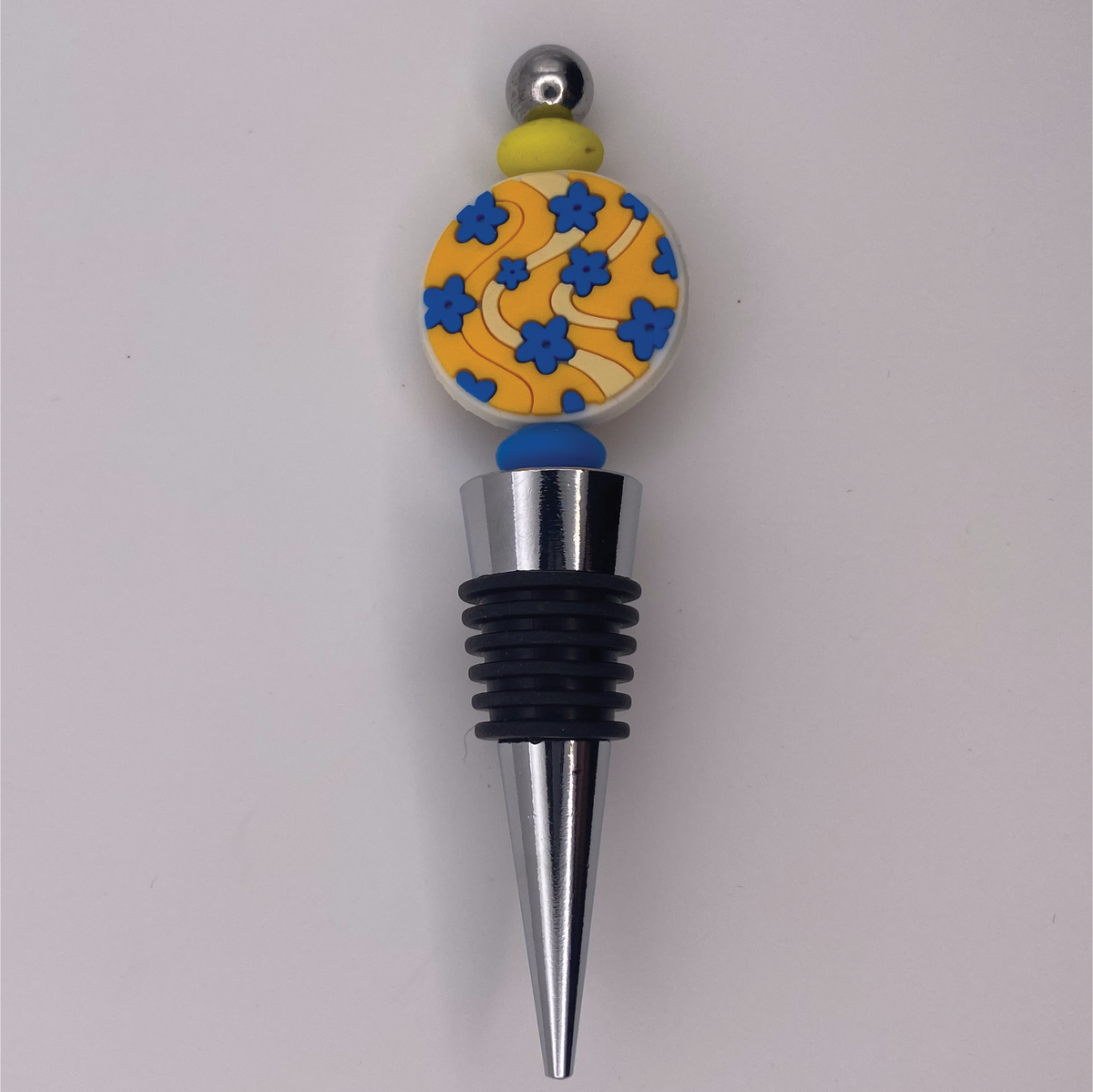 Retro Yellow Field of Blue Flowers Wine Stopper