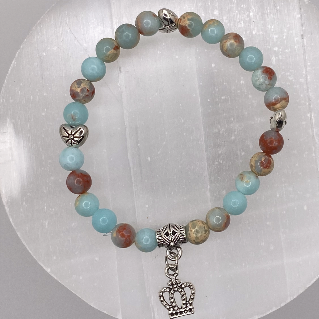 Opalite Crown Charm Bracelet with Silver Tone Heart Spacers