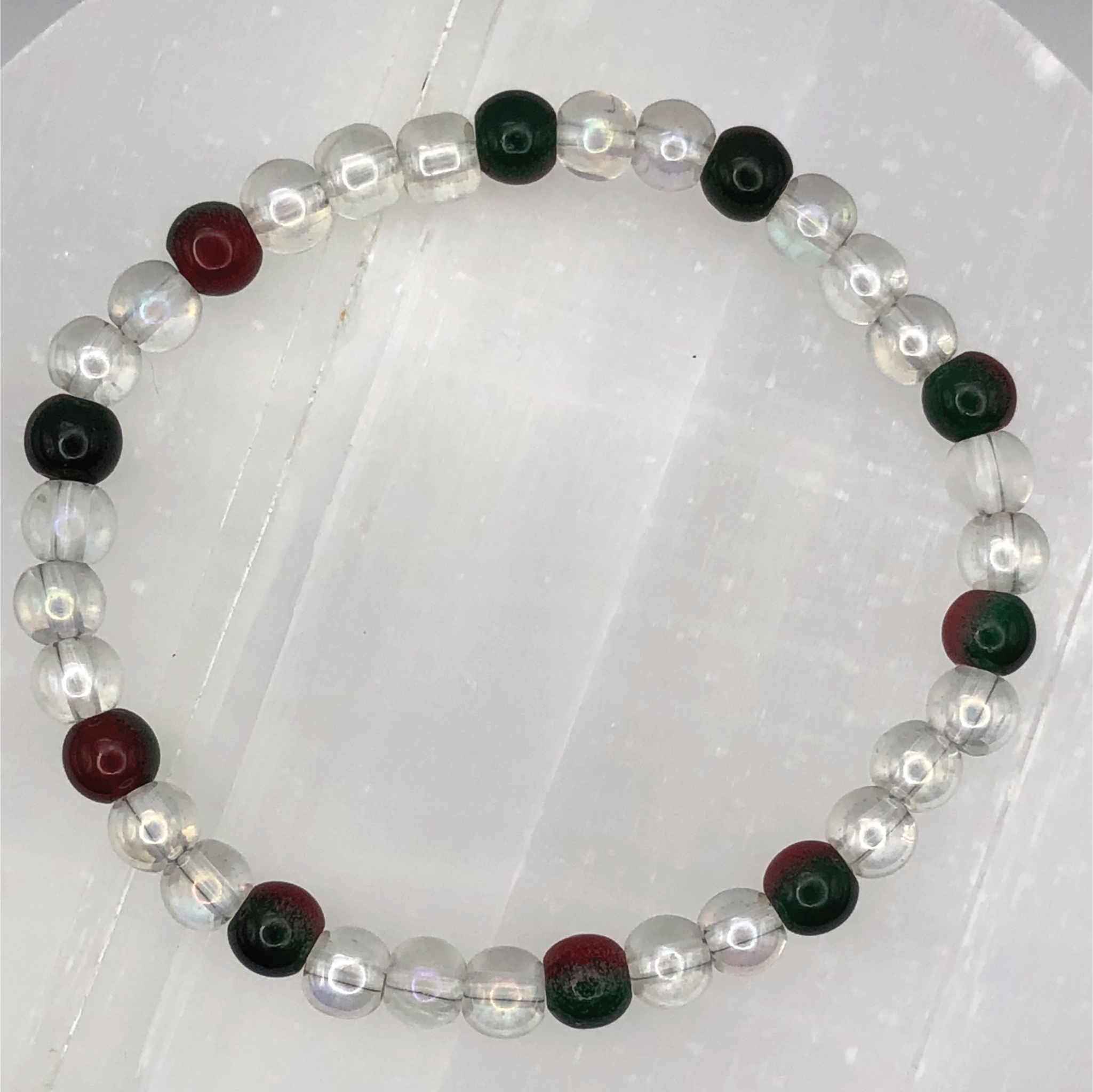 Clear Crystal Glass Bracelet with Red Green Spacers