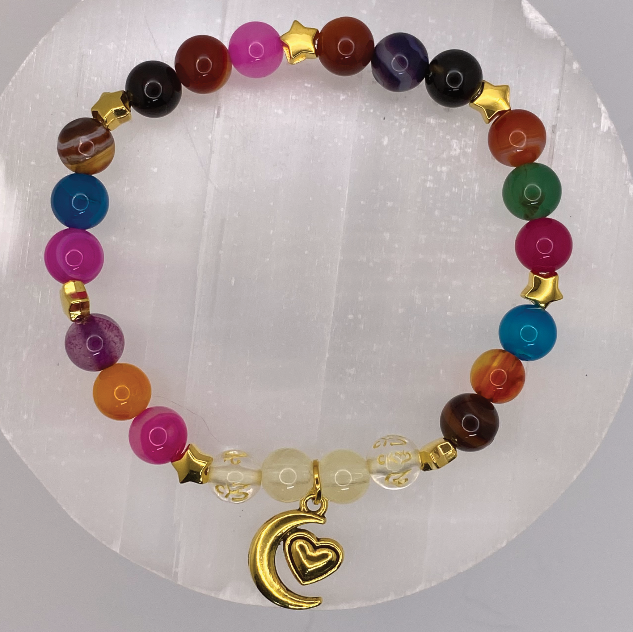 Multicolor Dragon Vein Agate Citrine Clear Pixiu Moon Heart Charm Bracelet with Gold Star Spacers