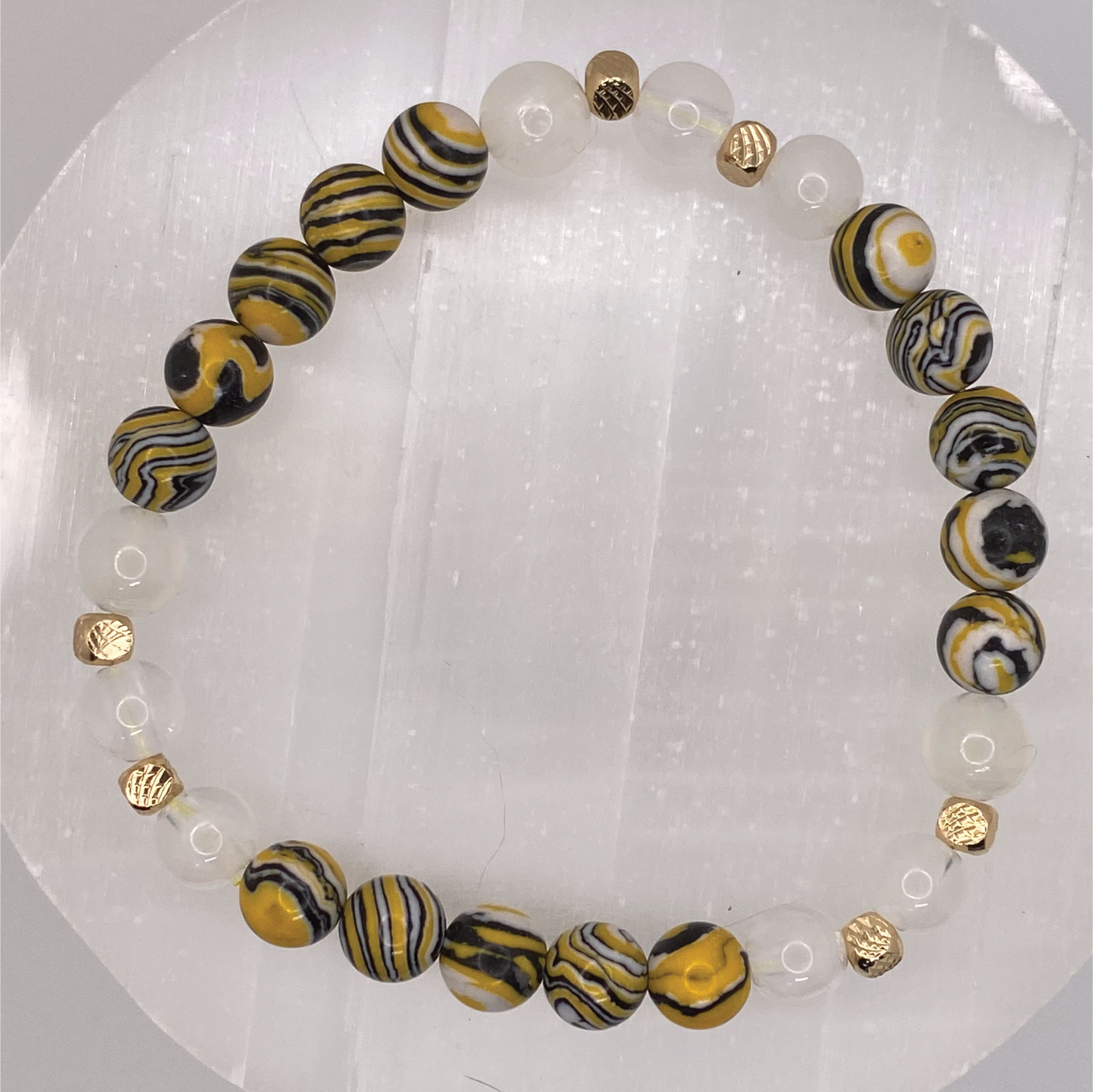 Zebra Marble Jasper Clear Quartz Bracelet with Gold Spacers