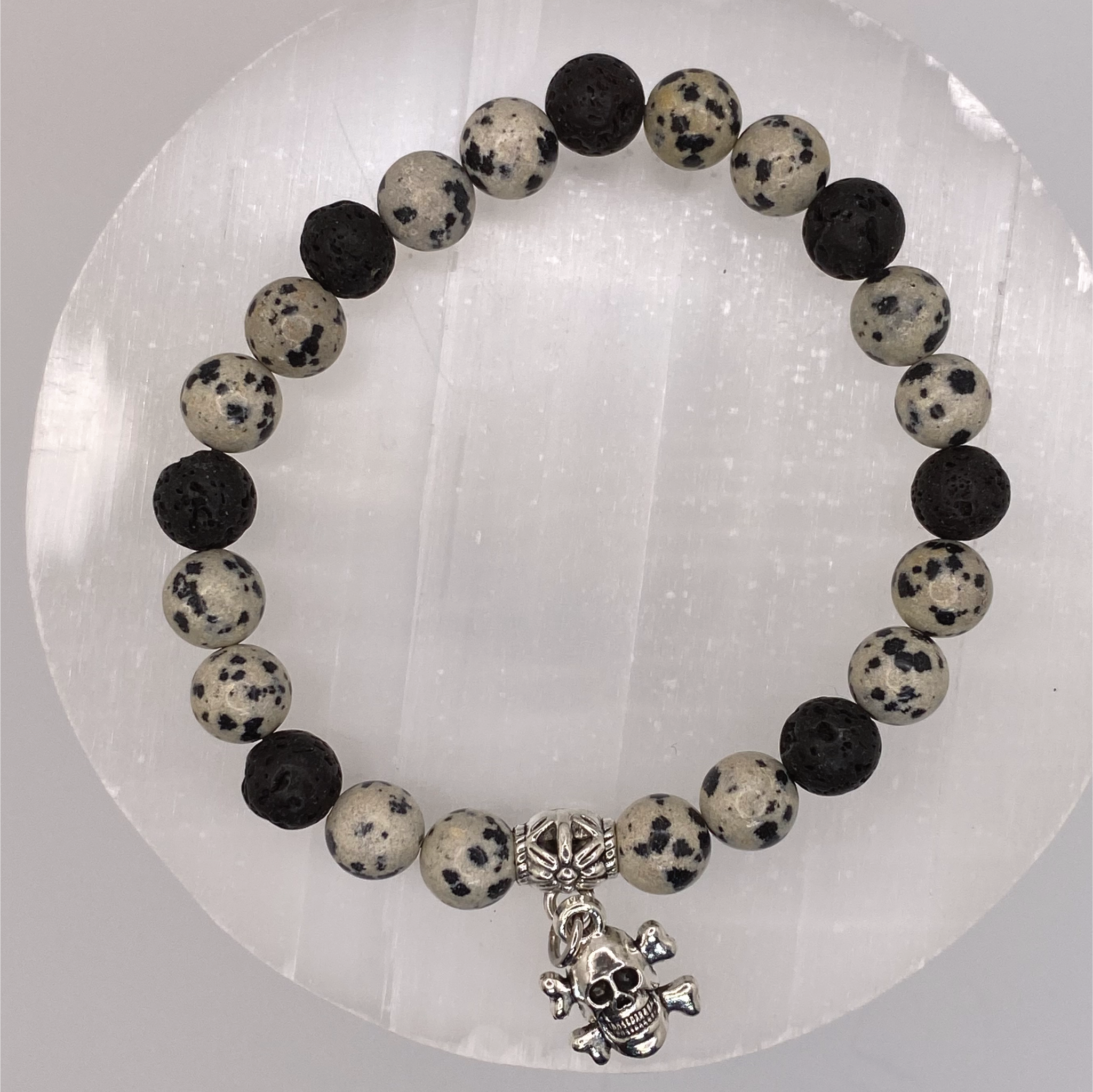 Dalmation Stone Lava Stone Skull Charm Bracelet