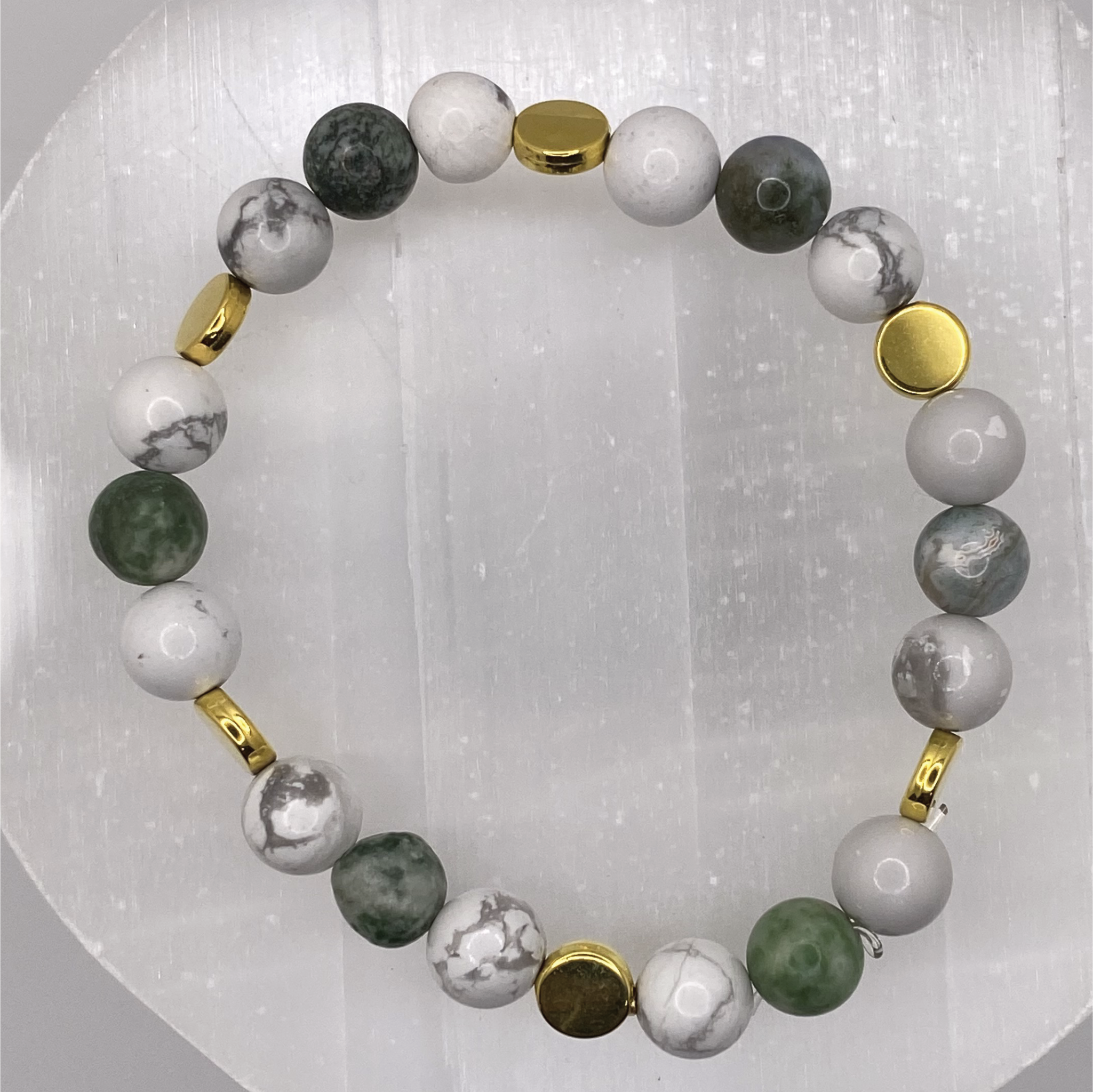 Magnesite Green Jasper Bracelet with Gold Tone Disc Spacers