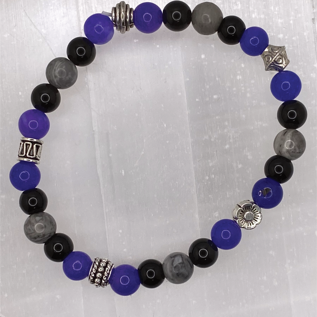 Magnesite Amethyst Black Agate Bracelet with Silver Tone Spacers
