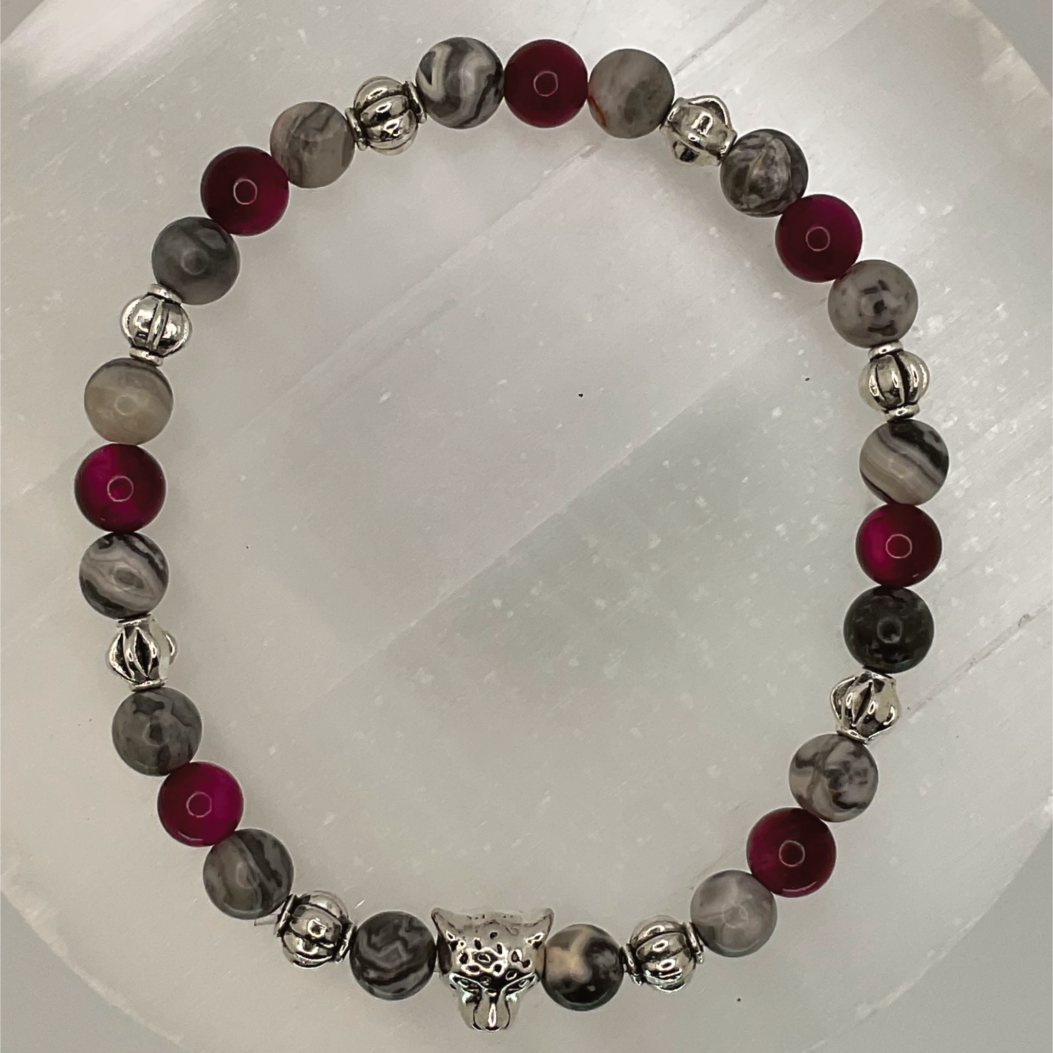 Pink Dragon Vein Agate Picasso Stone Jaguar Charm Bracelet with Silver Spacers