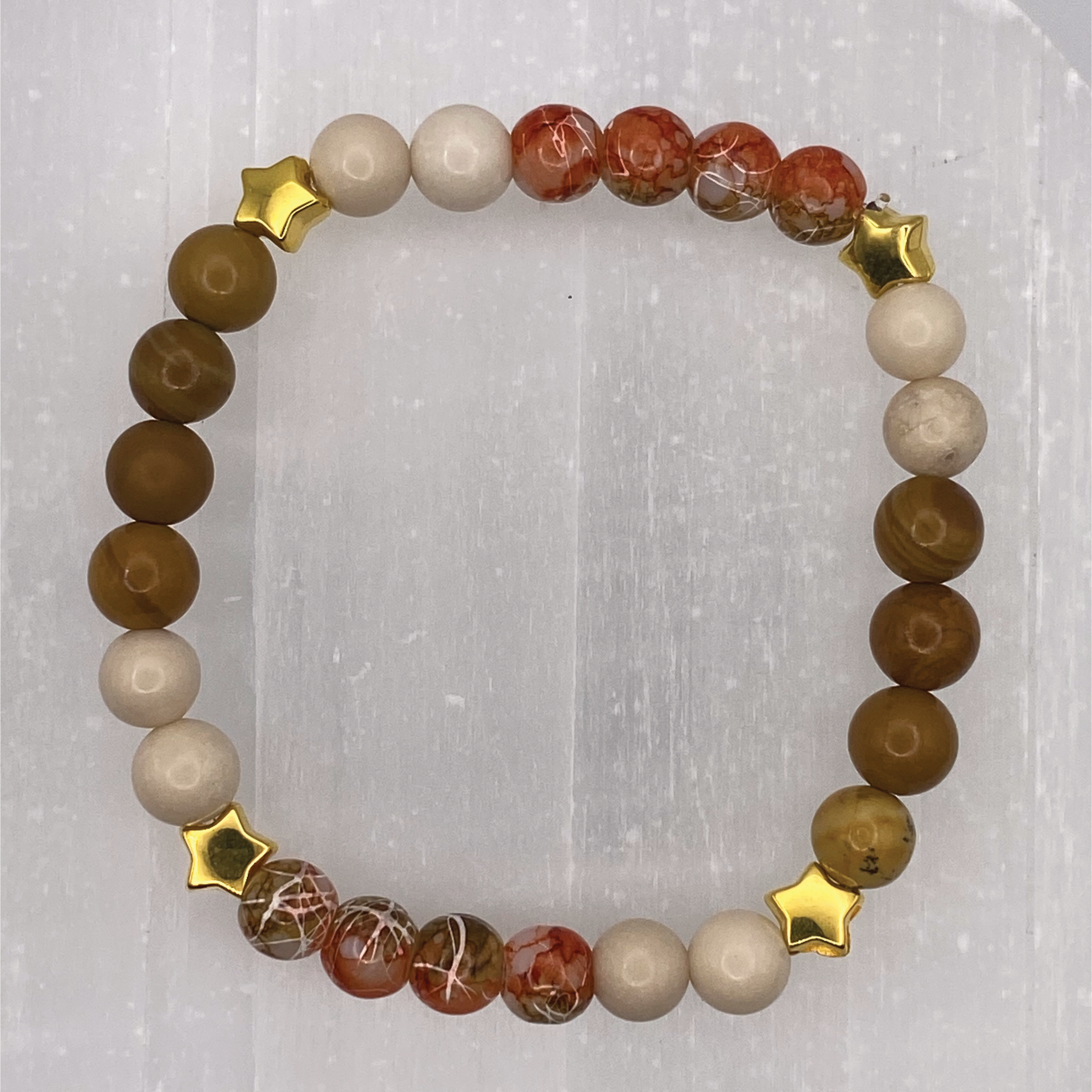 14.5 cm (5.7") Yellow Jasper Carnelian Agate Magnesite Bracelet with Gold Star Spacers