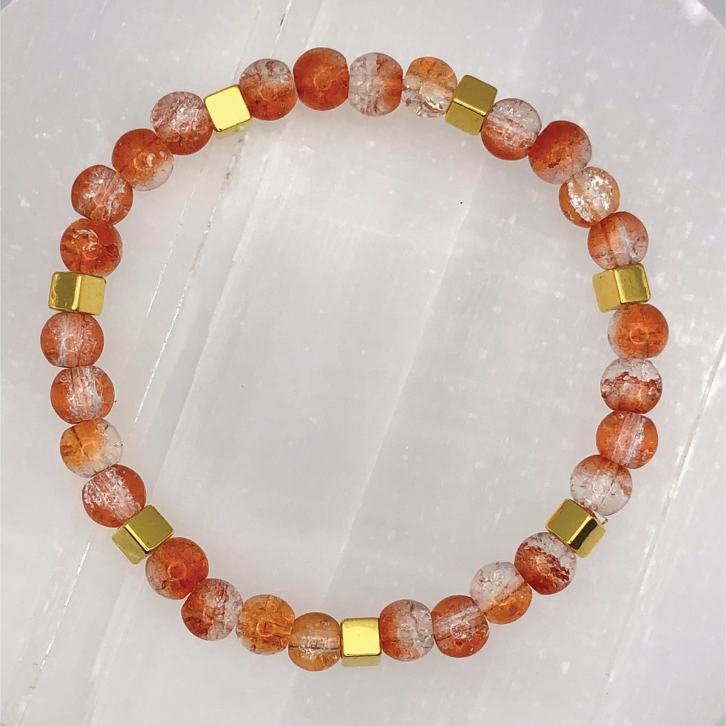 Orange Crystal Glass Bracelet with Gold Square Spacers