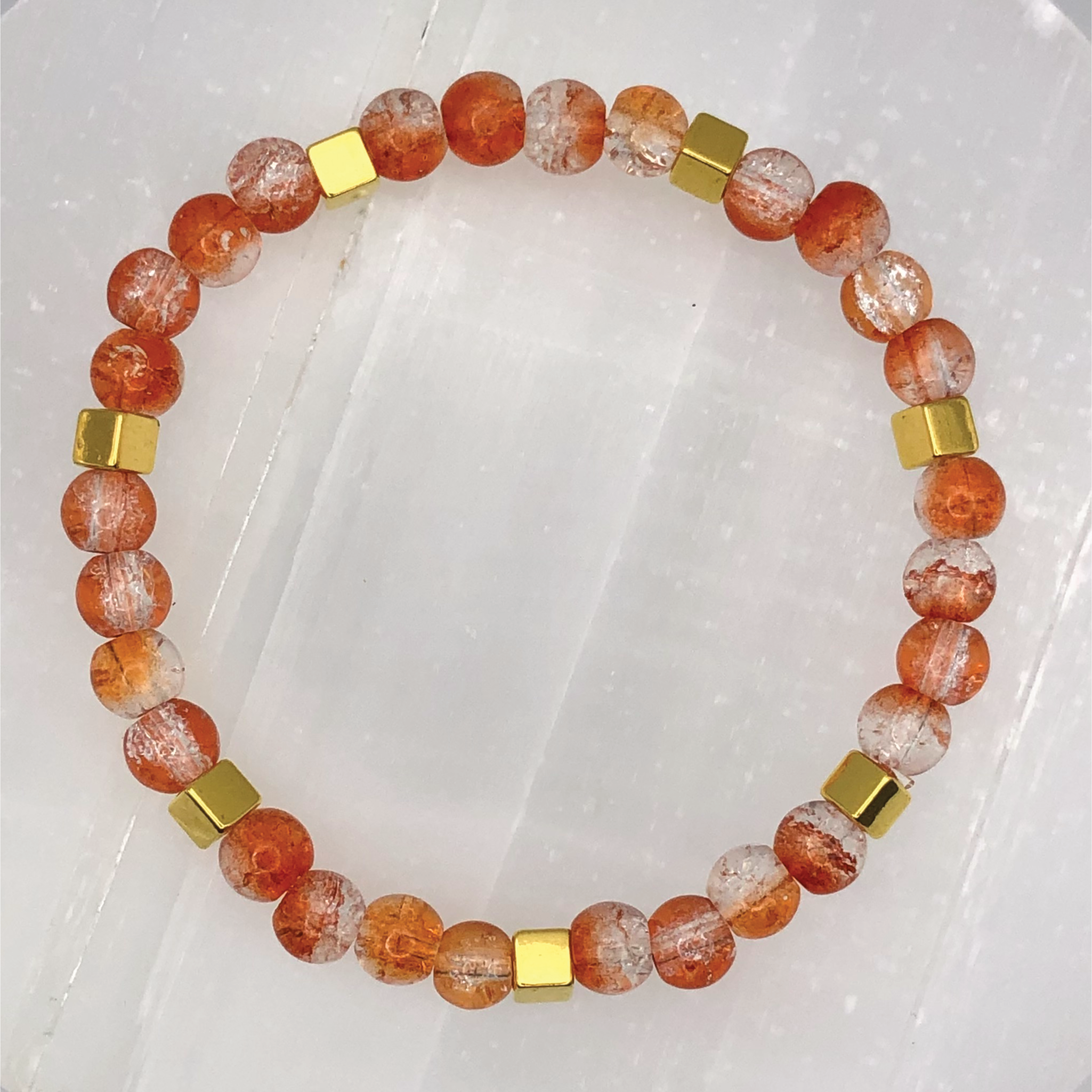 Orange Crystal Glass Bracelet with Gold Square Spacers