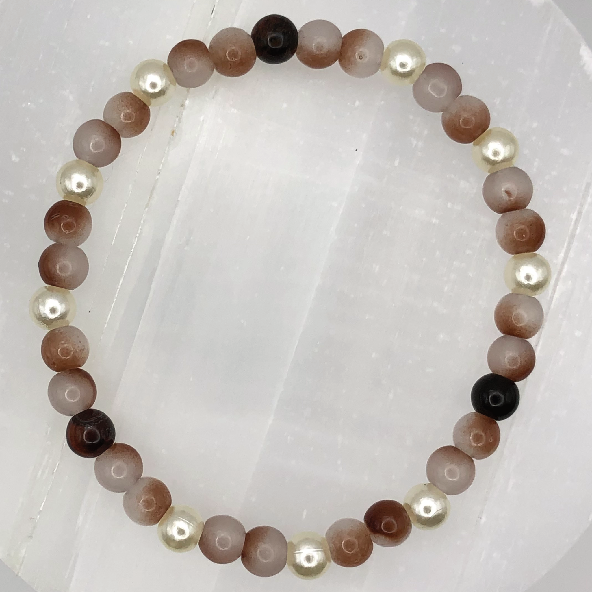 Beige Black Glass Bracelet with Pearl Spacers