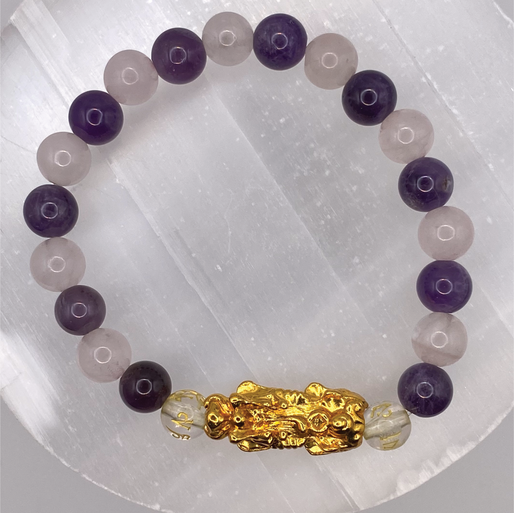 Amethyst Milky Quartz Clear Pixiu Dragon Charm Bracelet