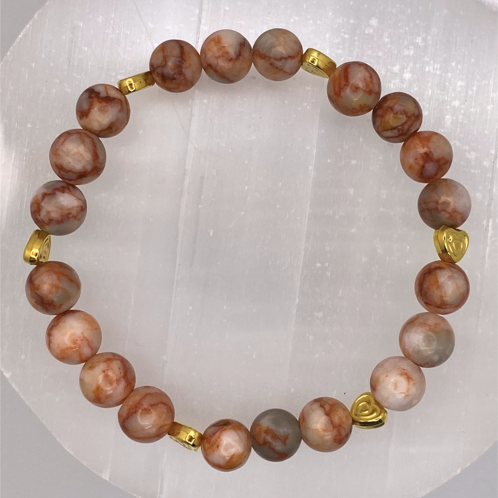 Marble Red Vein Jasper Bracelet with Gold Heart Spacers