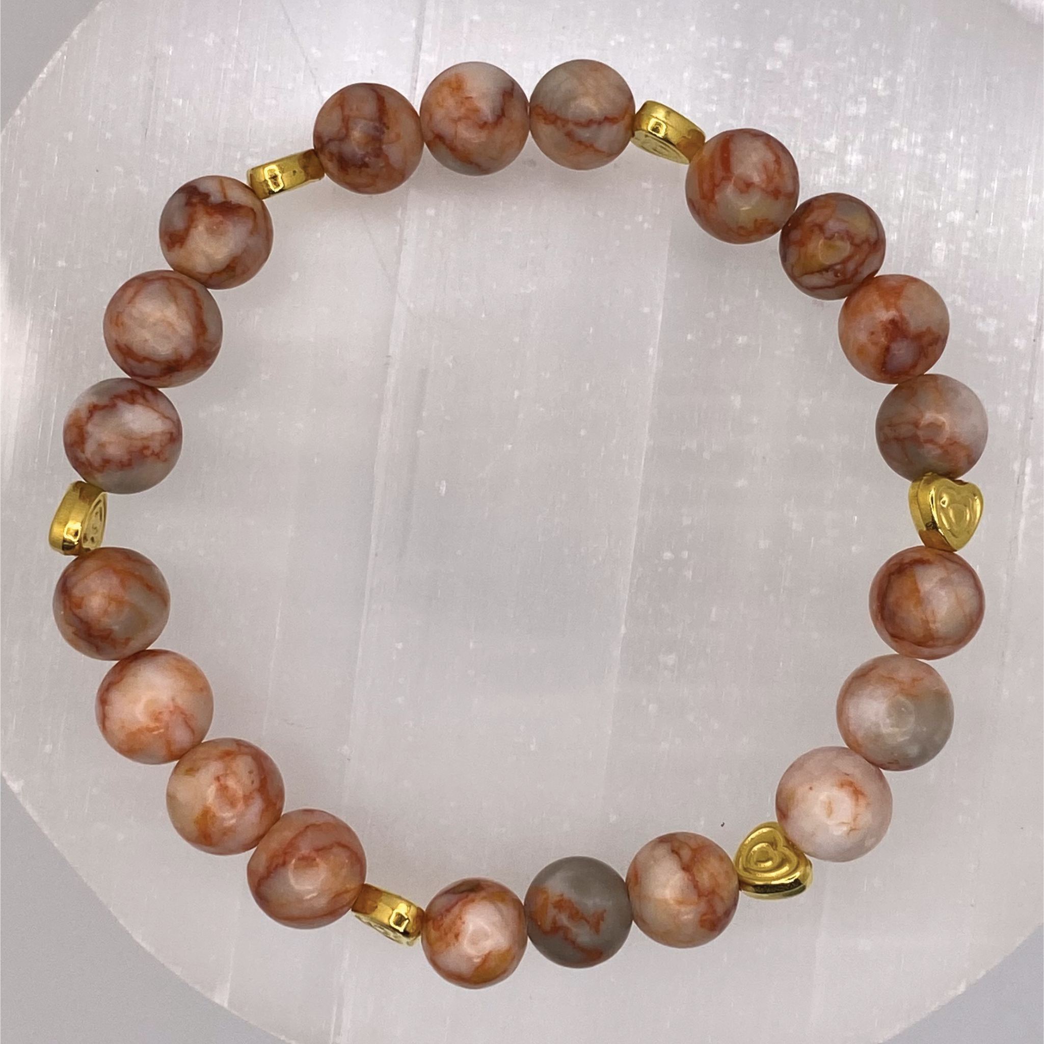 Marble Red Vein Jasper Bracelet with Gold Heart Spacers